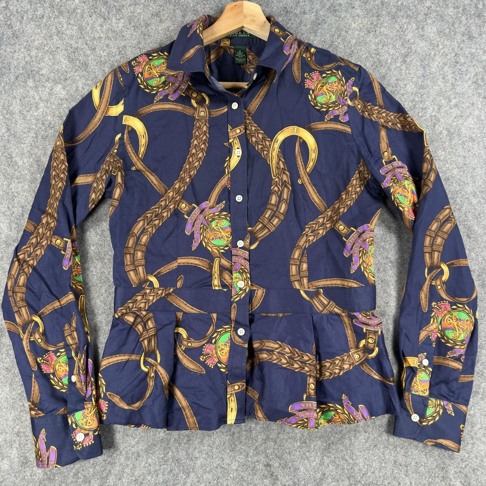 Lauren Ralph Lauren Shirt Womens 4 Blue Equestrian Print Peplum Button Front